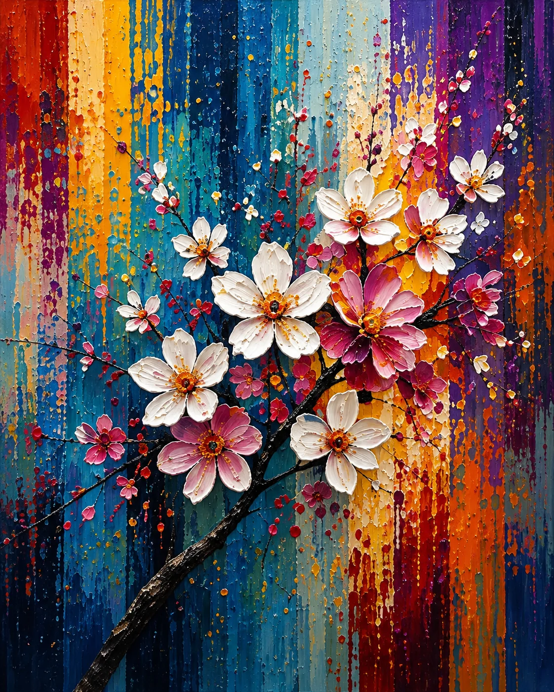 Cherry Blossom Branch Color Maximal Canvas Print - Retro Impasto Floral Wall Art - Image 2