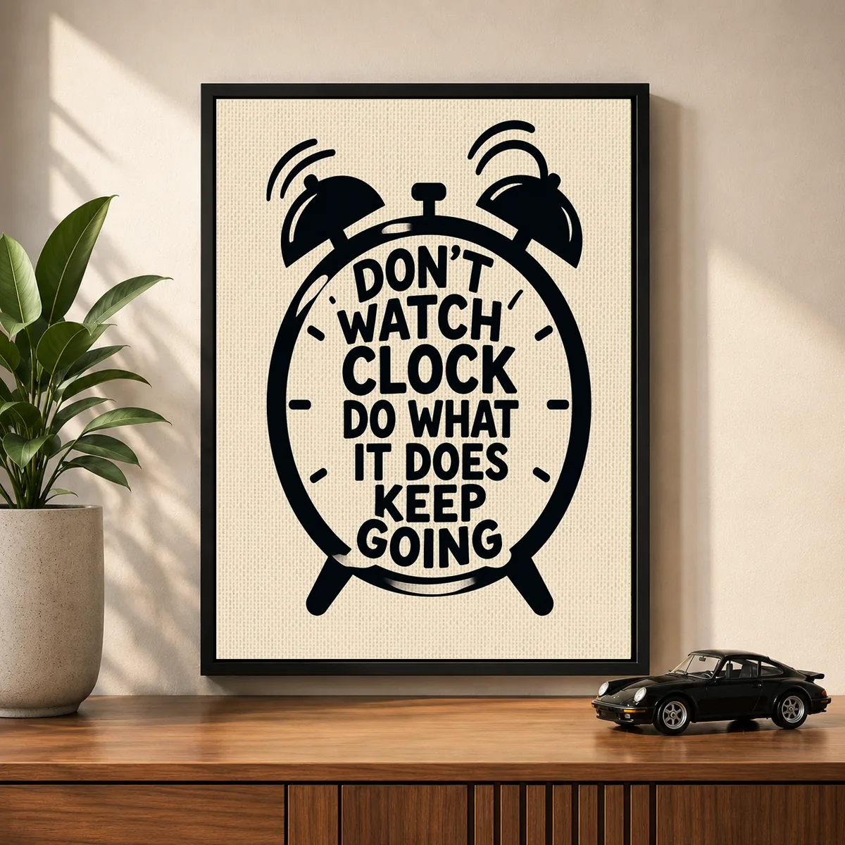 Retro Alarm Clock Typography Canvas Print – "Don't Watch The Clock, Keep Going"