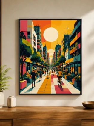 Retro City Boulevard Canvas Print - Vibrant Sunlit Cityscape Wall Art