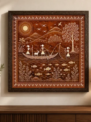 Warli River Fishing & Mountain Scene Canvas Print - Traditional Indian Tribal Wall Art