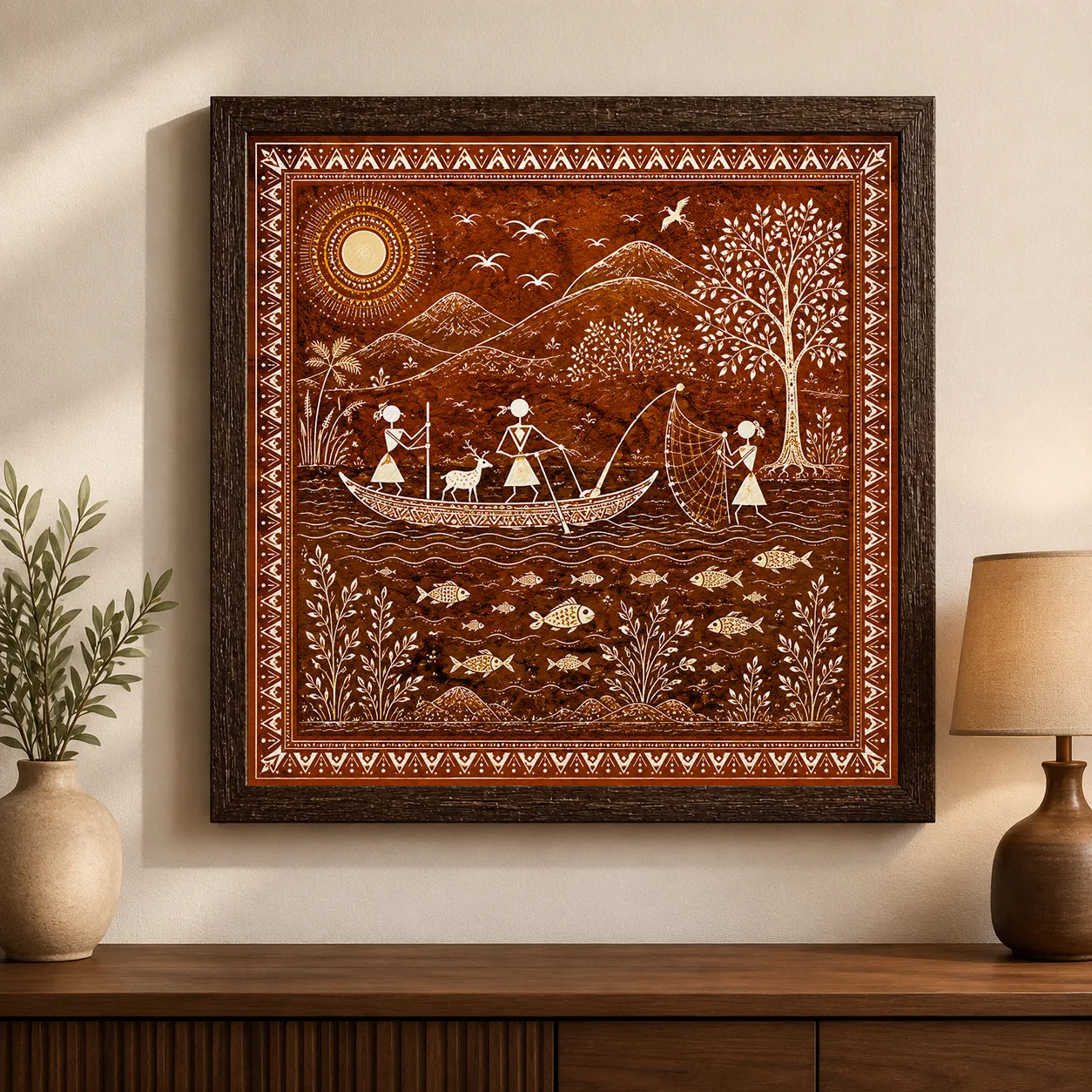 Warli River Fishing & Mountain Scene Canvas Print - Traditional Indian Tribal Wall Art