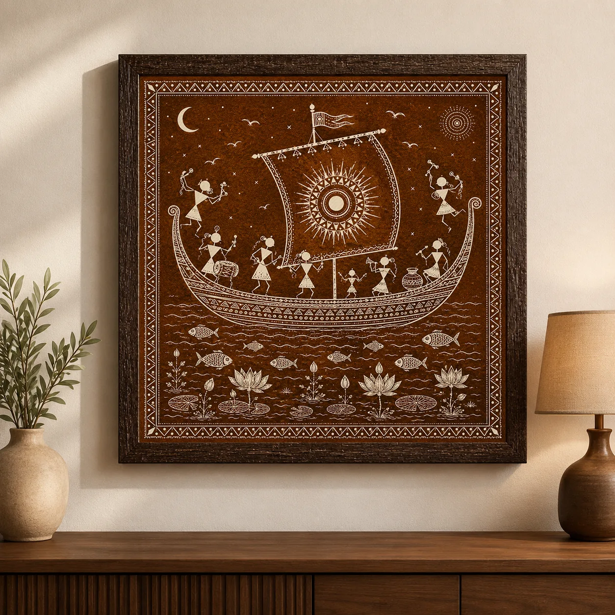 Warli Royal Boat & Voyage Canvas Print - Traditional Indian Tribal Wall Art | Dual Color He