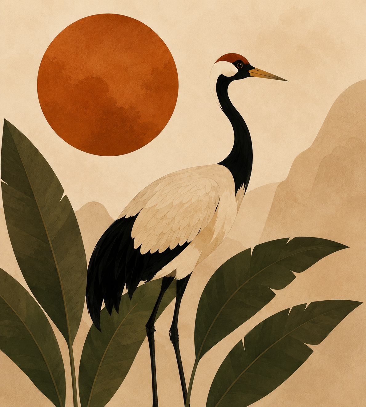 Japanese Red-Crowned Crane Canvas Print - Terracotta Sun & Palm Leaves Boho Wall Art - Image 2