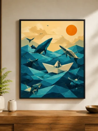 Retro Origami Boat & Whales Canvas Print - Surreal Ocean Sunset Wall Art