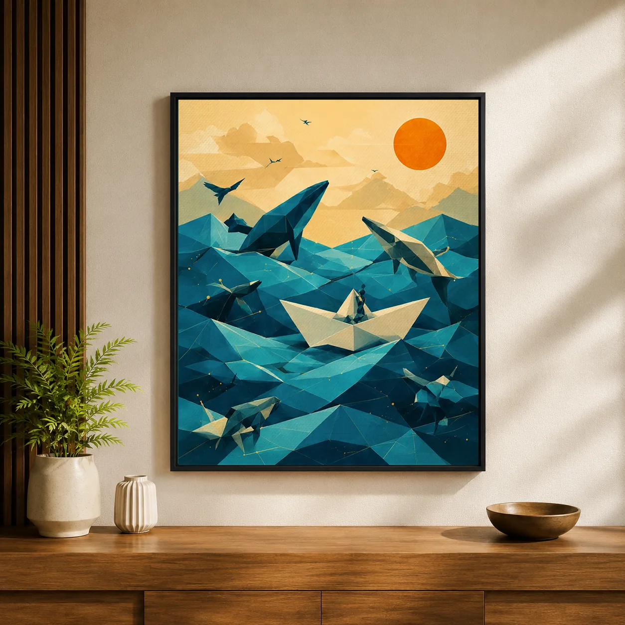 Retro Origami Boat & Whales Canvas Print - Surreal Ocean Sunset Wall Art