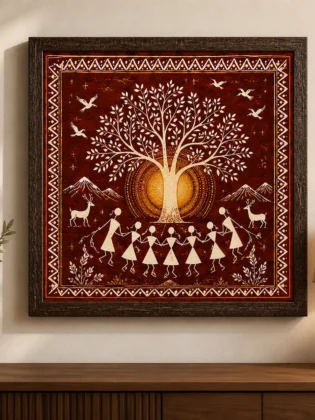 Warli Sacred Tree of Life & Radiant Sun Canvas Print - Traditional Indian Tribal Wall Art