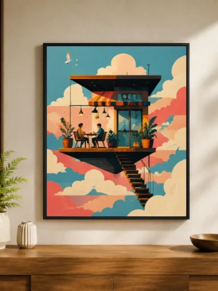 Retro Floating Cafe Canvas Print - Surreal Cloud City Wall Art