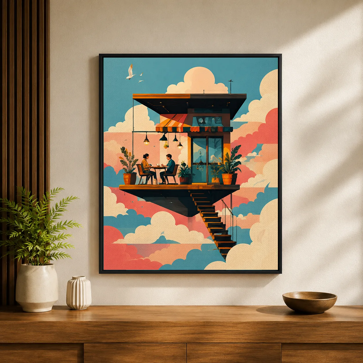 Retro Floating Cafe Canvas Print - Surreal Cloud City Wall Art