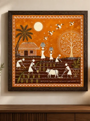 Warli Paddy Farming & Harvest Village Canvas Print - Traditional Indian Tribal Wall Art