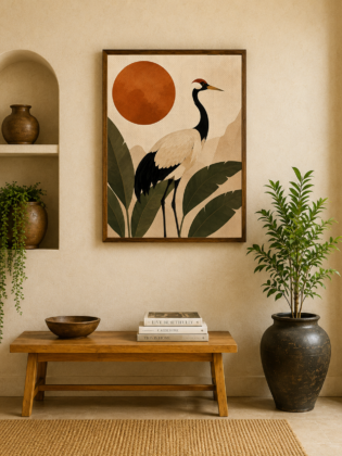 Japanese Red-Crowned Crane Canvas Print - Terracotta Sun & Palm Leaves Boho Wall Art
