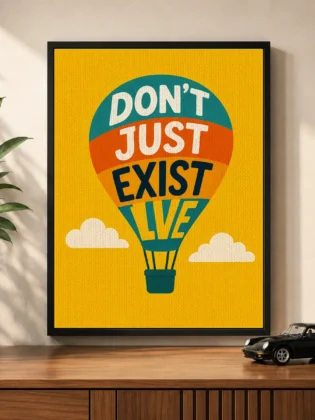 Retro Hot Air Balloon Typography Canvas Print – "Don't Just Exist, Live"