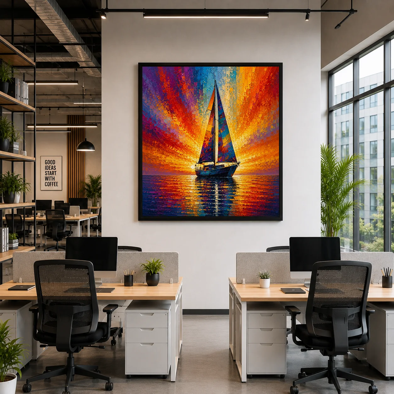 Sunset Sailboat Seascape Color Maximal Canvas Print - Retro Impasto Nautical Wall Art