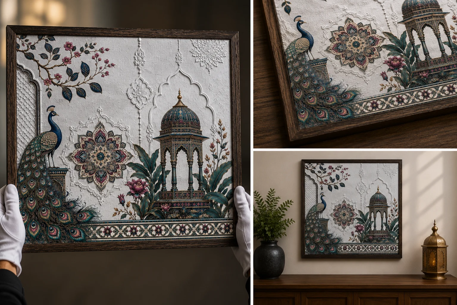 Luxury Mughal Garden Pavilion Canvas Art – Premium Silver Metallic Peacock Print - Image 3
