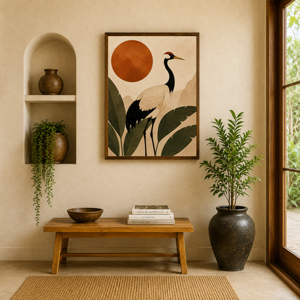 Japanese Red-Crowned Crane Canvas Print - Terracotta Sun & Palm Leaves Boho Wall Art