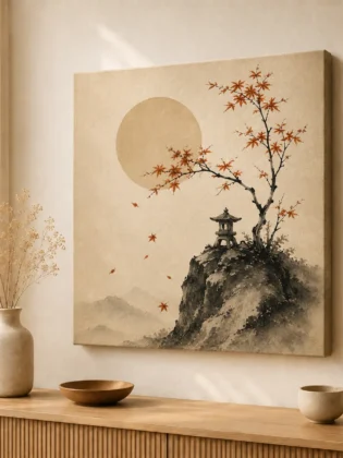 Japanese Autumn Maple & Stone Pagoda Canvas Print – Zen Landscape Wall Art