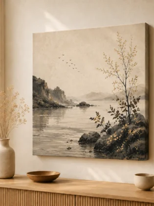 Misty River & Golden Birch Tree Canvas Print – Japandi Minimalist Mountain Landscape Wall Art