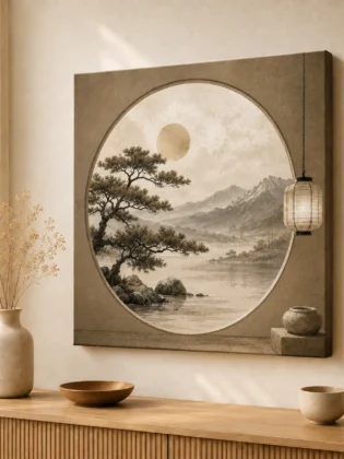 Japanese Moon Window Pine & Mountain Canvas Print – Japandi Wabi-Sabi Zen Landscape Wall Art