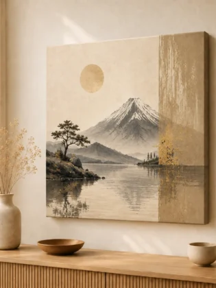 Mount Fuji & Lake Reflection Canvas Print – Minimalist Japanese Wabi-Sabi Landscape Wall Art