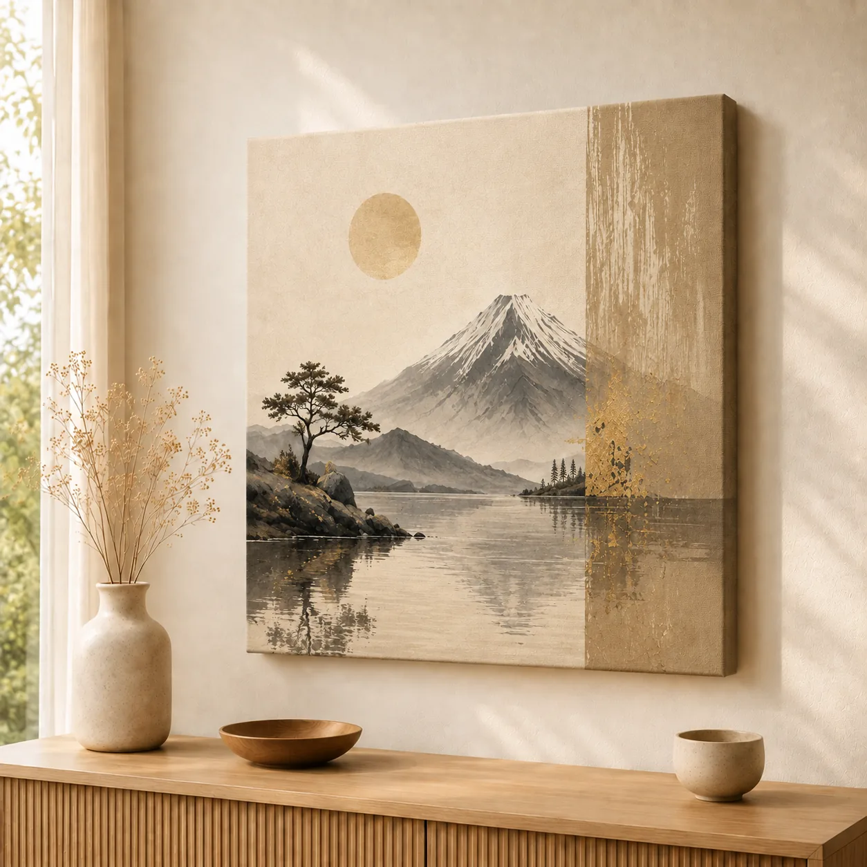 Mount Fuji & Lake Reflection Canvas Print – Minimalist Japanese Wabi-Sabi Landscape Wall Art