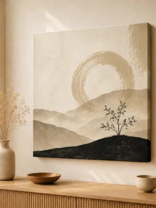 Minimalist Zen Ensō Circle Canvas Print – Abstract Wabi-Sabi Mountain & Tree Wall Art