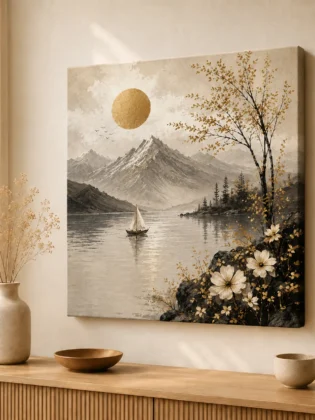 Misty Lake Sailboat & Golden Sun Canvas Print – Japandi Minimalist Mountain Landscape Wall Art