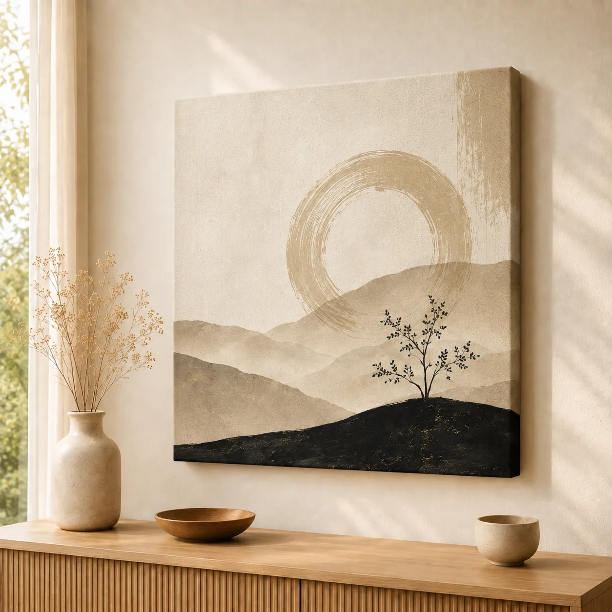 Minimalist Zen Ensō Circle Canvas Print – Abstract Wabi-Sabi Mountain & Tree Wall Art