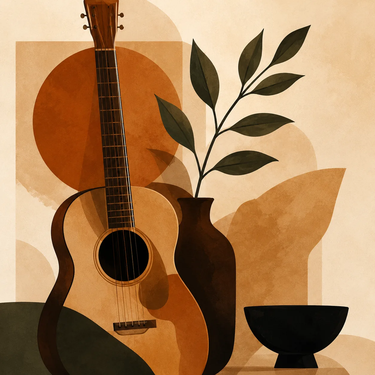 Minimalist Acoustic Guitar Canvas Print - Terracotta & Olive Green Abstract Still Life Wall Art - Image 2