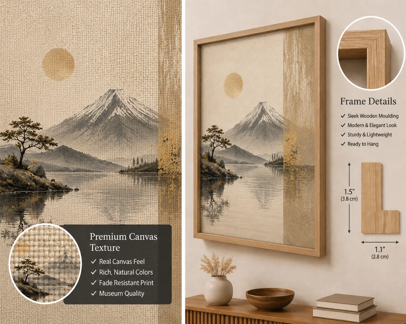 Mount Fuji & Lake Reflection Canvas Print – Minimalist Japanese Wabi-Sabi Landscape Wall Art - Image 3