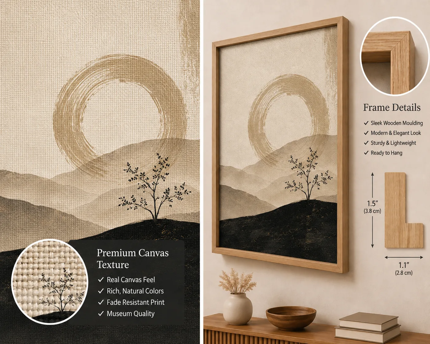 Minimalist Zen Ensō Circle Canvas Print – Abstract Wabi-Sabi Mountain & Tree Wall Art - Image 3