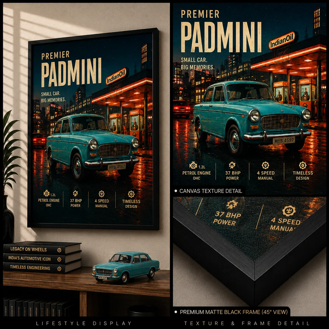 Vintage Premier Padmini Car Canvas Wall Art – Classic Indian Nostalgic Taxi Poster Print - Image 4