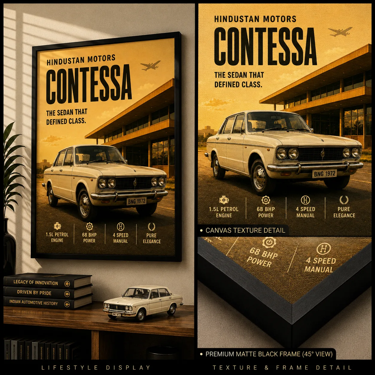 Vintage Hindustan Contessa Car Canvas Wall Art – Retro Indian Muscle Sedan Poster Print - Image 2