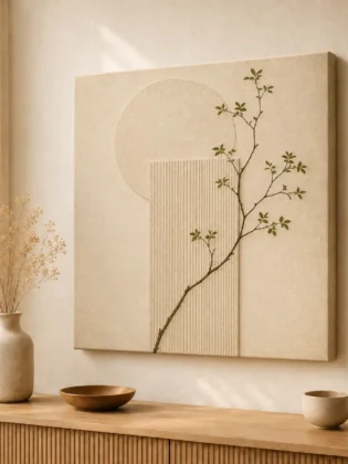 Minimalist Botanical Branch Canvas Print – Japandi Wabi-Sabi Fluted Panel & Circle Abstract Wall Art