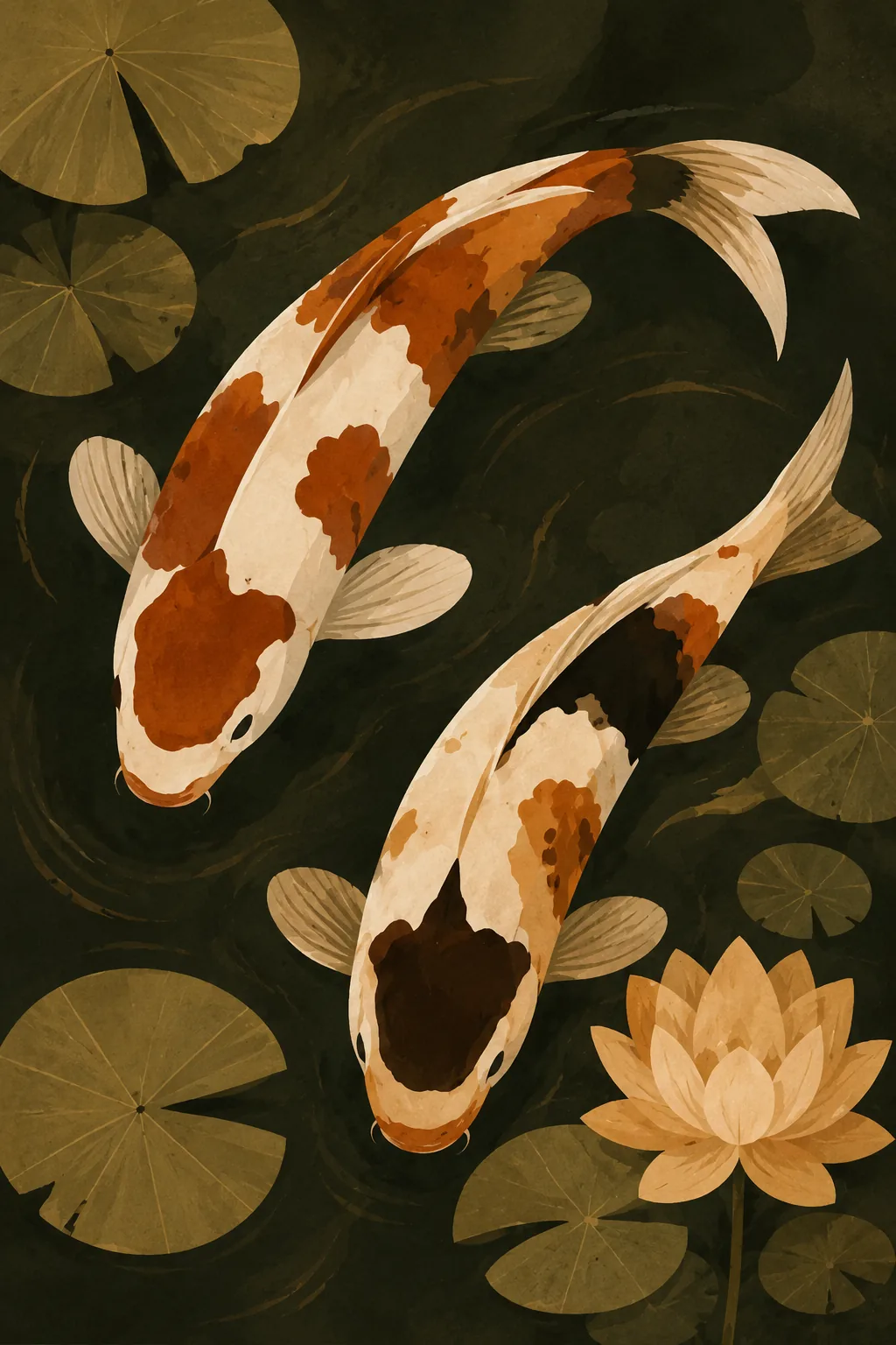 Japanese Koi Fish & Water Lily Canvas Print - Terracotta & Ochre Pond Boho Wall Art - Image 2