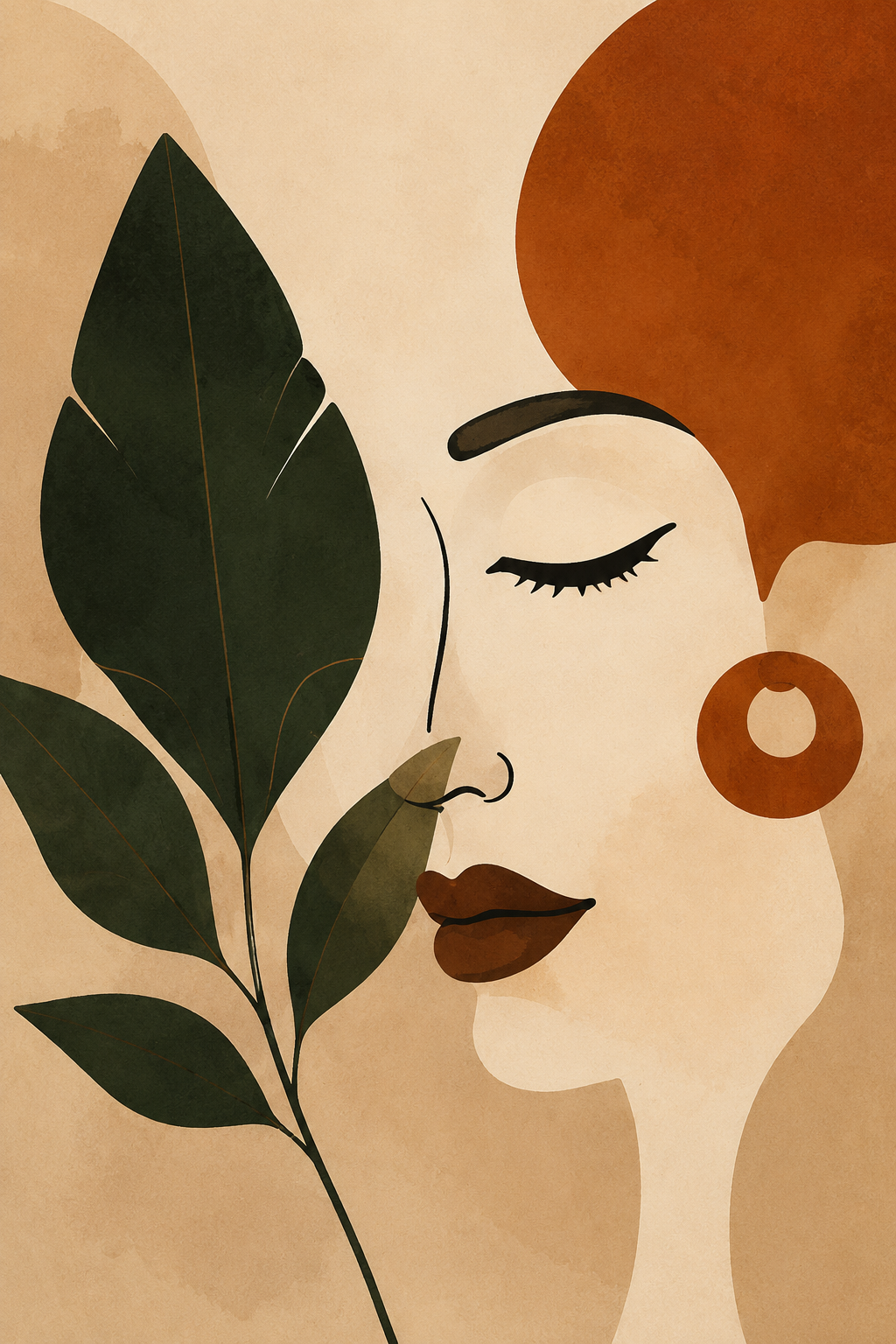 Abstract Minimalist Woman & Leaves Canvas Print - Terracotta & Green Boho Wall Art - Image 3