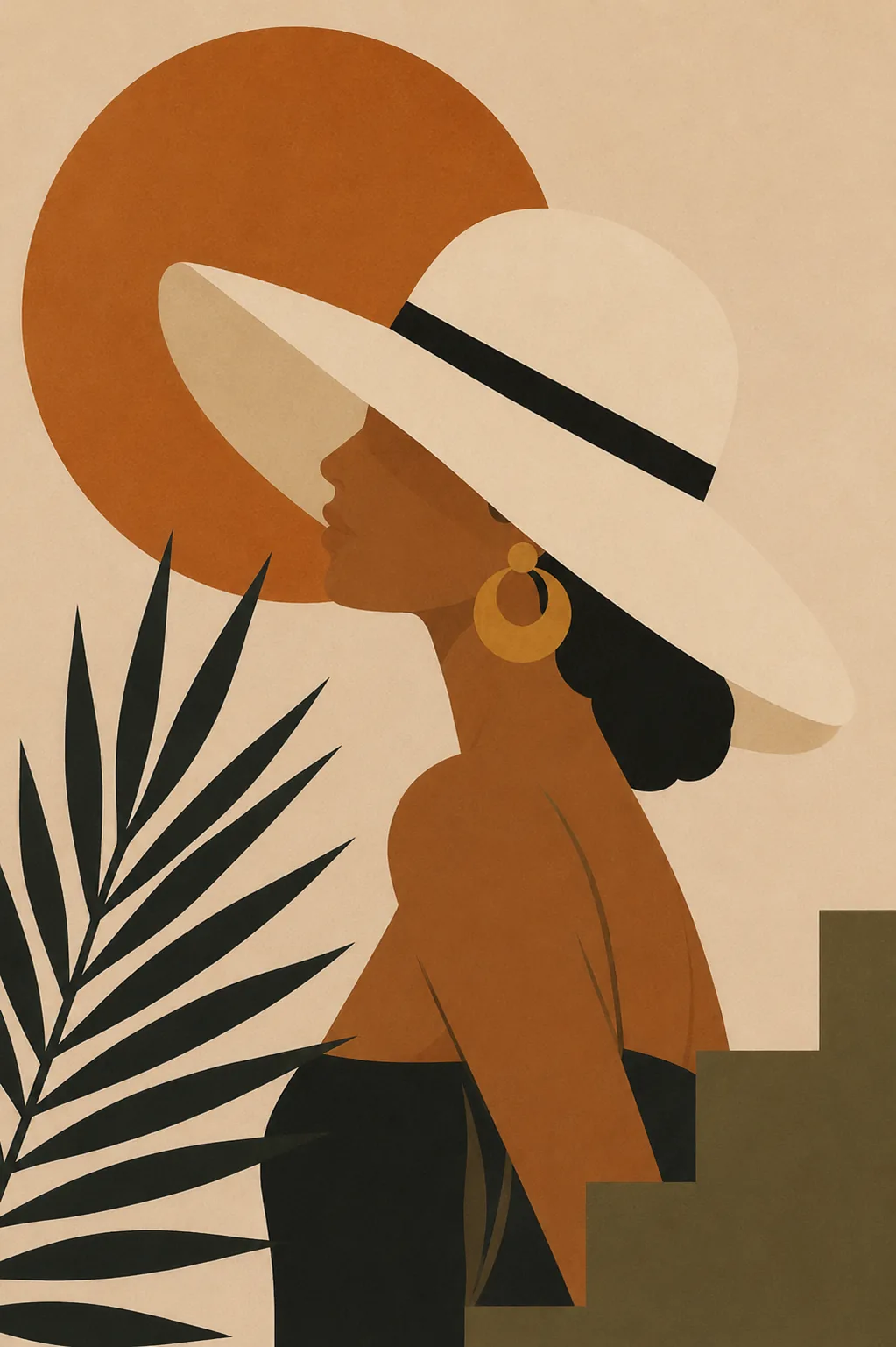 Minimalist Woman in Sun Hat Canvas Print - Terracotta Sun & Palm Leaf Boho Wall Art - Image 2