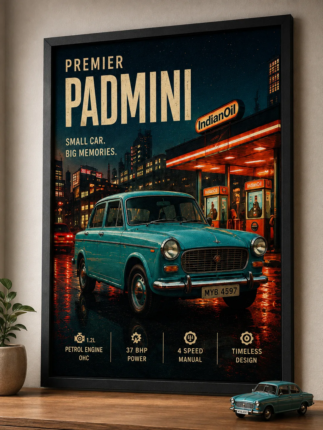Vintage Premier Padmini Car Canvas Wall Art – Classic Indian Nostalgic Taxi Poster Print - Image 3