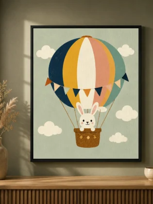 Cute Bunny Hot Air Balloon Canvas Print - Nordic Easter Rabbit Kids Wall Art