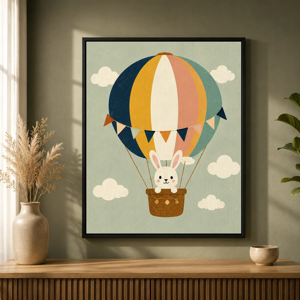 Cute Bunny Hot Air Balloon Canvas Print - Nordic Easter Rabbit Kids Wall Art