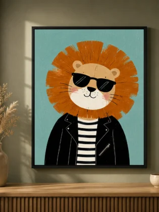 Cool Lion in Leather Jacket Canvas Print - Retro Hipster Lion Kids Wall Art