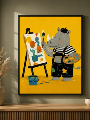 Cute Artist Rhino Painting Canvas Print - Creative Animal Artist Kids Wall Art