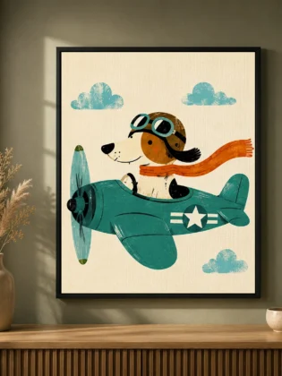 Aviator Dog Flying Airplane Canvas Print - Vintage Pilot Dog Kids Wall Art