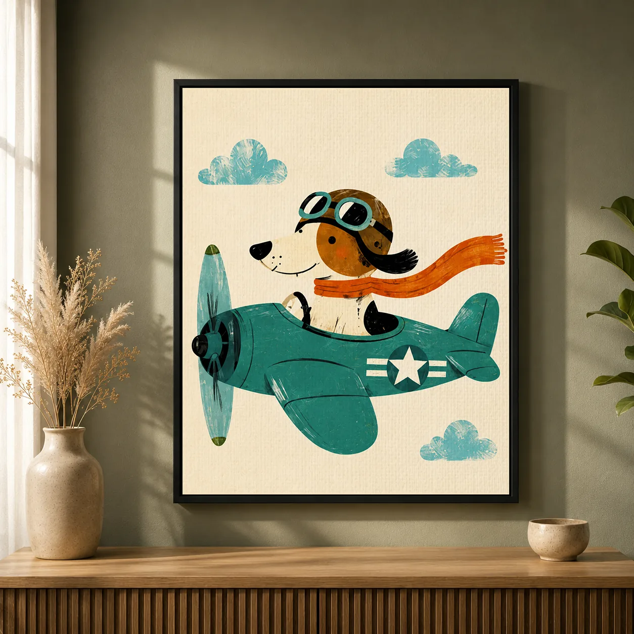 Aviator Dog Flying Airplane Canvas Print - Vintage Pilot Dog Kids Wall Art