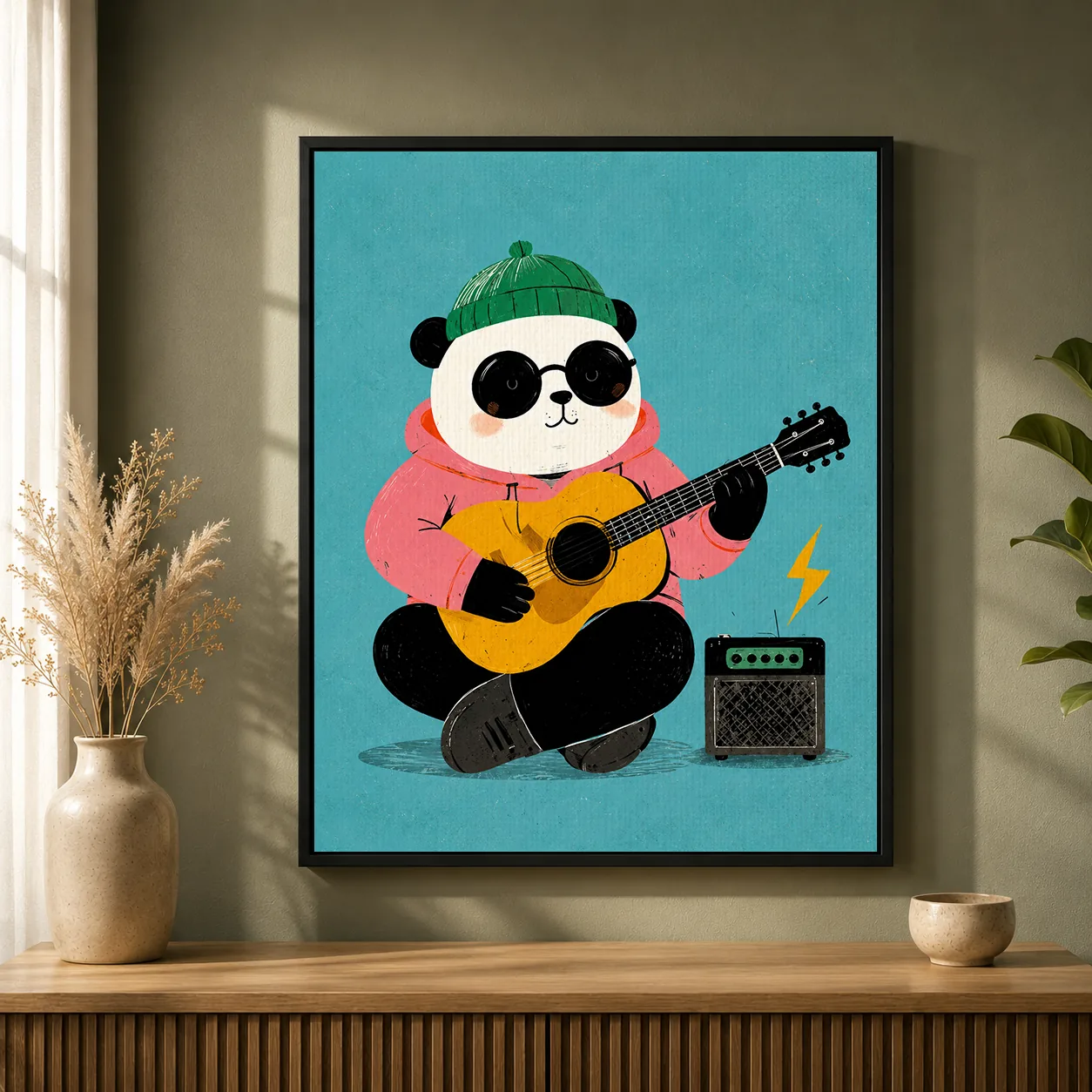 Rockstar Panda Playing Guitar Canvas Print - Cool Musician Panda Kids Wall Art