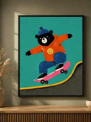 Cool Skater Bear Canvas Print - Skateboarding Black Bear Kids Wall Art