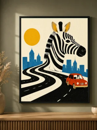 Zebra Crossing City Skyline Canvas Print - Surreal Safari & Red Car Kids Wall Art