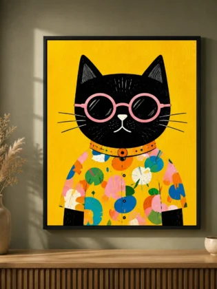 Cool Black Cat in Hawaiian Shirt Canvas Print - Retro Cat with Sunglasses Kids Wall Art