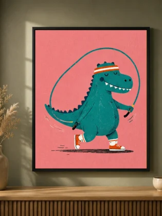 Jump Rope Dinosaur Canvas Print - Cute T-Rex Fitness Kids Wall Art