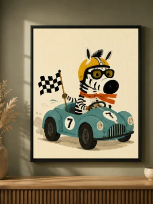 Vintage Race Car Zebra Canvas Print - Cool Animal Driver Kids Wall Art