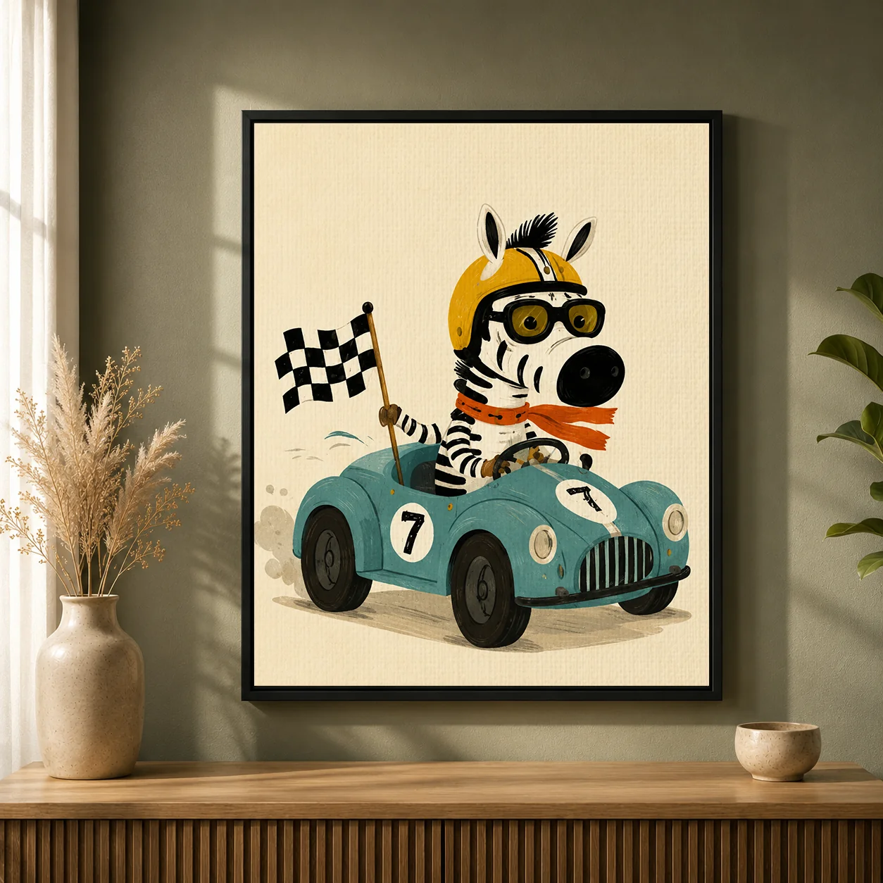 Vintage Race Car Zebra Canvas Print - Cool Animal Driver Kids Wall Art