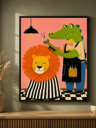 Crocodile Barber & Lion Canvas Print - Funny Animal Hair Salon Kids Wall Art